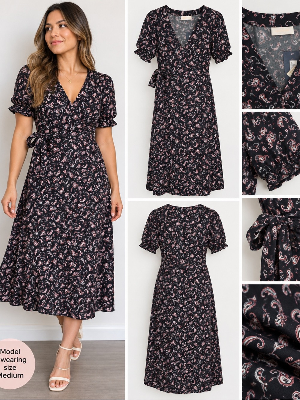 Universal Thread Black Midi Wrap Dress with Pink Paisley